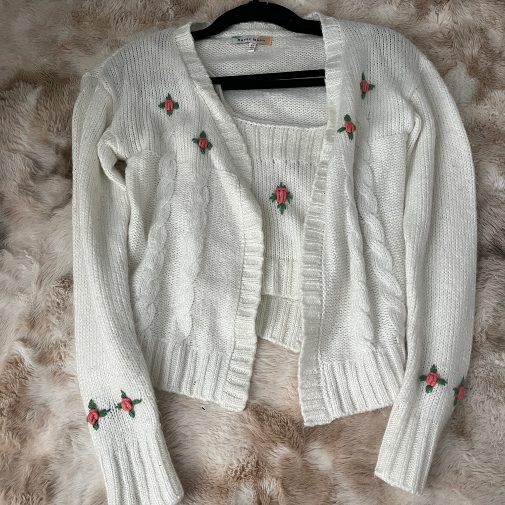 Pink and White Cable Knit Cardigan with Red Accents